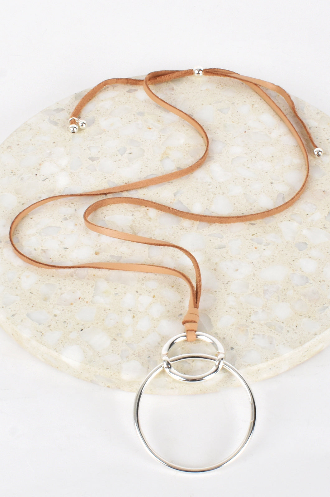 Double Ring Drop Leather Back Necklace
